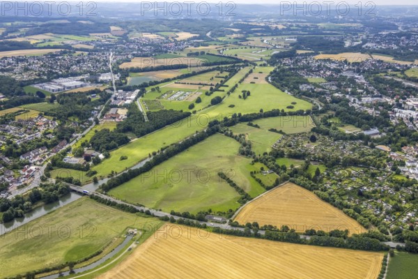 Aerial view, a week ago there was still land under water at this point - the Ruhr was flooding, course of the Ruhr, Schwerte, Ruhr area, North Rhine-Westphalia, Germany, DE, Europe, birds-eyes view, aerial view, aerial photography, aerial photography, overview, bird's eye view