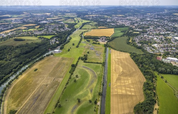 Aerial view, a week ago there was land under water at this point - the Ruhr was flooding, course of the Ruhr, Geisecke, Schwerte, Ruhr area, North Rhine-Westphalia, Germany, DE, Europe, birds-eyes view, aerial photograph, aerial photography, aerial photography, overview, bird's eye view