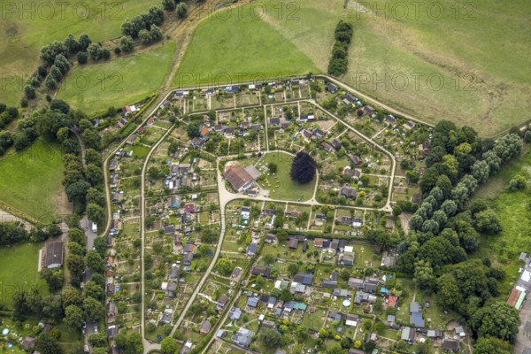 Aerial view, allotment garden site in the south of Schwerte, a week ago there was still land under water at this point - the Ruhr was flooding, course of the Ruhr, Wandhofen, Schwerte, Ruhr area, North Rhine-Westphalia, Germany, DE, Europe, birds-eyes view, aerial view, aerial photography, aerial photography, overview, bird's eye view