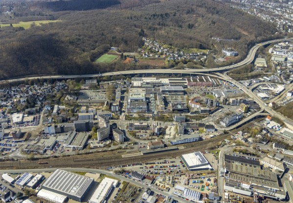 Aerial view, Weidenau railway station, tax office, town administration and town hall, view of Weidenau-West, Siegen, Siegerland, North Rhine-Westphalia, Germany, railway tracks, railway station, authority, DE, Deutsche Bahn AG, Europe, main station, aerial view, aerial photography, aerial photography, town hall, overview, bird's-eye view, overview