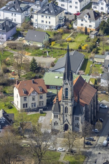 Aerial view, Evangelical Church Klafeld Geisweid, Geisweid-Ruhrst, Siegen, Siegerland, North Rhine-Westphalia, Germany, place of worship, DE, Europe, religious community, place of worship, holy place, church, parish, denomination, aerial view, aerial photography, aerial photography, religion, religious site, overview, bird's-eye view, birds-eyes view, overview
