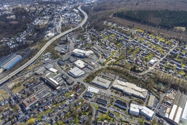 Aerial view, industrial estate Birlenbacher Straße, FOM University Centre Siegen, Geisweid-Heckenberg, Siegen, Siegerland, North Rhine-Westphalia, Germany, federal road B54, DE, Europe, commercial enterprises, commercial area, commercial area, commercial location, commercial use, industrial area, industrial location, aerial photograph, aerial photography, aerial photography, overview, bird's-eye view, bird's-eye view, overview