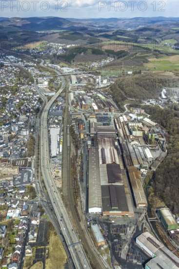 Aerial view, Deutsche Edelstahlwerke, Geisweid-Stahlwerke, Siegen, Siegerland, North Rhine-Westphalia, Germany, DE, Europe, distant view, commercial enterprises, commercial area, commercial site, commercial use, hilly landscape, industrial area, industrial site, aerial photograph, aerial photography, aerial photography, mixed forest, overview, bird's-eye view, forest, forest area, birds-eyes view, overview