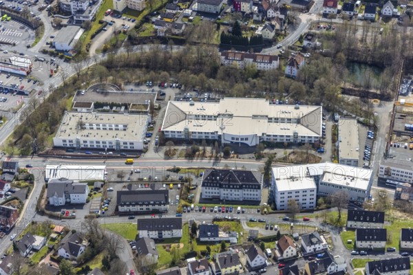 Aerial view, commercial area Birlenbacher Straße, FOM University Centre Siegen, Geisweid-Heckenberg, Siegen, Siegerland, North Rhine-Westphalia, Germany, DE, Europe, commercial enterprises, commercial area, commercial location, commercial use, industrial area, industrial location, aerial photograph, aerial photography, aerial photography, overview, bird's eye view, birds-eyes view, overview