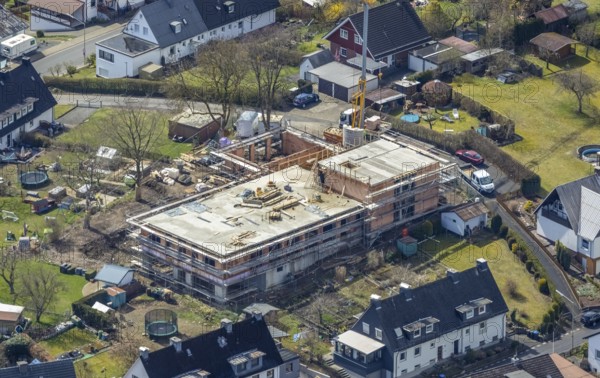 Aerial view, construction site and new building of the Protestant Kindergarten Schießberg, Kindergarten Oase, Geisweid-Wenscht, Siegen, Siegerland, North Rhine-Westphalia, Germany, construction work, construction area, building site, building plots, construction project, construction site, DE, Europe, kindergarten, day-care centre, day-care centre, aerial photograph, aerial photography, aerial photography, new building, overview, bird's-eye view, overview