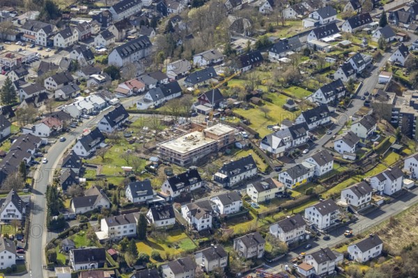 Aerial view, construction site and new building of the Protestant Kindergarten Schießberg, Kindergarten Oase, Geisweid-Wenscht, Siegen, Siegerland, North Rhine-Westphalia, Germany, construction work, construction area, building site, building plots, construction project, construction site, DE, Europe, kindergarten, day-care centre, day-care centre, aerial photograph, aerial photography, aerial photography, new building, overview, bird's-eye view, overview