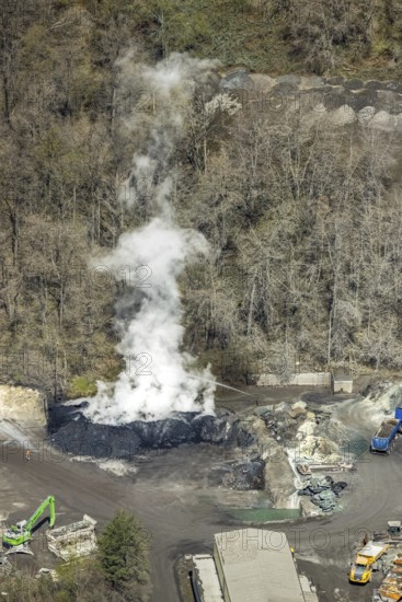 Aerial view, combustion with smoke in Geisweid quarry, Geisweid steelworks, Siegen, Siegerland, North Rhine-Westphalia, Germany, DE, Europe, aerial view, aerial photography, aerial photography, overview, bird's-eye view, overview