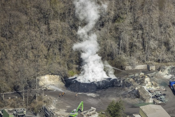 Aerial view, combustion with smoke in Geisweid quarry, Geisweid steelworks, Siegen, Siegerland, North Rhine-Westphalia, Germany, DE, Europe, aerial view, aerial photography, aerial photography, overview, bird's-eye view, overview