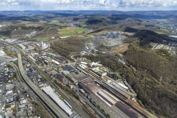 Aerial view, quarry and recycling centre Siegerland, Deutsche Edelstahlwerke, Geisweid-Stahlwerke, Siegen, Siegerland, North Rhine-Westphalia, Germany, DE, Europe, distant view, commercial enterprises, commercial area, commercial site, commercial use, hilly landscape, industrial area, industrial site, aerial view, aerial photography, aerial photography, mixed forest, recycling yard, overview, bird's-eye view, forest, forest area, birds-eyes view, overview