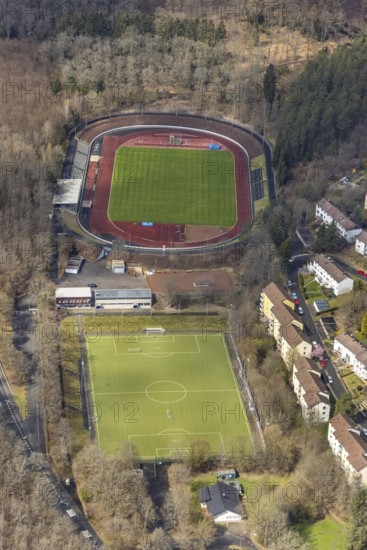 Aerial photo, Hofbachstadion, Geisweid-Wenscht, Siegen, Siegerland, North Rhine-Westphalia, Germany, DE, Europe, football pitch, football stadium, aerial photo, aerial photography, aerial photography, sports, sports facilities, sports field, sports venue, stadium, overview, bird's-eye view, bird's-eye view, overview