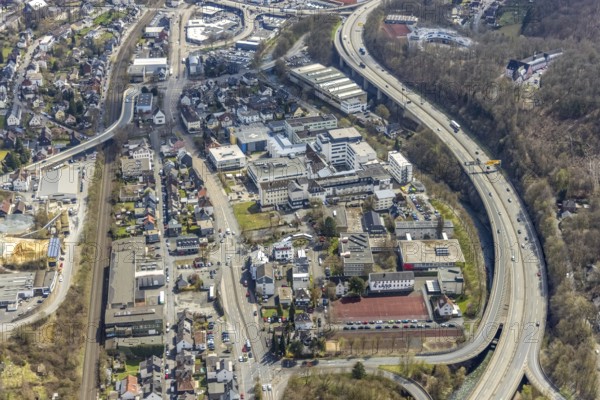 Aerial view, Kreisklinikum Siegen, Fürst-Johann-Moritz-Gymnasium, Weidenau-West, Siegen, Siegerland, North Rhine-Westphalia, Germany, education, educational institution, DE, Europe, Ferndorfstraße, health care, grammar school, hospital, helipad, clinic, hospital, teaching institute, aerial view, aerial photography, aerial photography, medical facility, medical aid, school, overview, bird's-eye view, overview, medical care