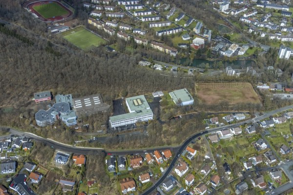 Aerial photo, Realschule Am Schießberg und Geschwister-Scholl-Schule Gesamtschule Auf dem Schießberg, Geisweid-Wenscht, Siegen, Siegerland, North Rhine-Westphalia, Germany, education, educational institution, DE, Europe, comprehensive school, educational institute, aerial photo, aerial photography, aerial photography, secondary school, school, overview, bird's-eye view, overview