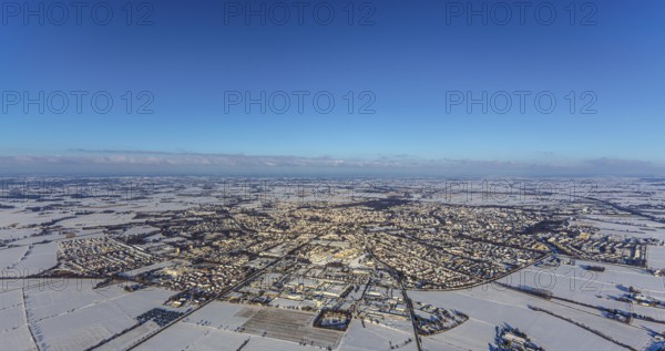 Aerial view, overview Soest, snow-covered fields, snow, winter, Soest, Soester Börde, North Rhine-Westphalia, Germany, Soester, Börde, DE, Europe, birds-eyes, view, aerial photography, aerial photography, aerial photography, overview, bird's-eye view, winter weather, winter onset, cold