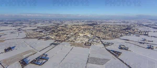 Aerial view, overview Soest, snow-covered fields, snow, winter, Soest, Soester Börde, North Rhine-Westphalia, Germany, Soester, Börde, DE, Europe, birds-eyes, view, aerial photography, aerial photography, aerial photography, overview, bird's-eye view, winter weather, winter onset, cold
