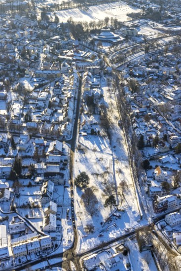 Aerial photo, join-in garden, between Brunowall and Grandweg-Ulricher-Straße, Mühlenpättken, winter, snow, Thomä, Soest, Soester Börde, North Rhine-Westphalia, Germany, Soester, Börde, DE, Europe, birds-eyes, view, aerial photograph, aerial photography, aerial photography, overview, bird's eye view, winter weather, onset of winter, cold weather