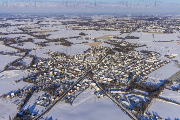 Aerial view, overview Ampen, snow-covered fields, winter, Soest, Soester Börde, North Rhine-Westphalia, Germany, Soester, Börde, DE, Europe, birds-eyes, view, aerial photography, aerial photography, aerial photography, overview, bird's eye view, winter weather, snow, winter onset, cold