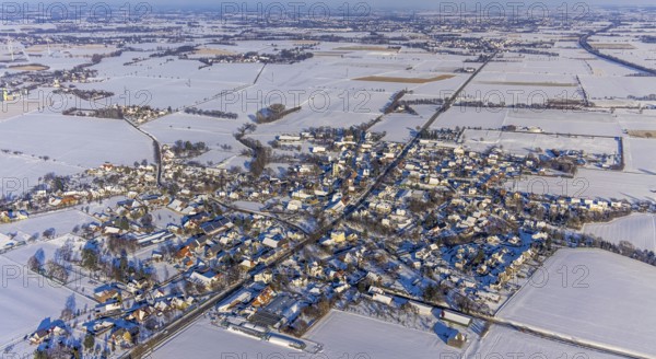 Aerial view, overview Ostönnen, snow-covered houses and fields, winter Soest, Soester Börde, North Rhine-Westphalia, Germany, Soest, Soester, Börde, DE, Europe, birds-eyes, view, aerial photography, aerial photography, aerial photography, overview, bird's eye view, winter, winter weather, snow, winter onset, cold