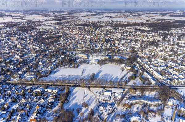 Aerial view, overview Soest, Jahn-Stadion, Freie Waldorfschule, snow-covered sports fields, winter, Soest, Soester Börde, North Rhine-Westphalia, Germany, Soester, Börde, DE, Europe, birds-eyes, view, aerial photography, aerial photography, overview, overview, bird's-eye view, winter weather, snow, onset of winter, cold, education, pupils, college, training, school year, homework, class, year group, education, pedagogy, gymnastics, sport, ball sports, fitness, movement, athletics