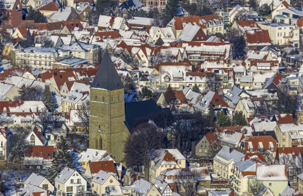 Aerial view, Protestant Church of St. Pauli, winter, snow, Soest, Soester Börde, North Rhine-Westphalia, Germany, Soester, Börde, DE, Europe, birds-eyes, view, aerial photography, aerial photography, aerial photography, overview, overview, bird's eye view, winter weather, winter onset, cold, church, religion, faith, worship, mass
