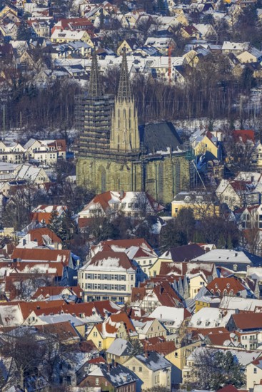 Aerial photo, Protestant Church of St. Maria zur Wiese, winter, snow, scaffolding around a church tower, renovation, Walburger, Soest, Soester Börde, North Rhine-Westphalia, Germany, Soester, Börde, DE, Europe, birds-eyes, view, aerial photography, aerial photography, overview, overview, bird's eye view, winter weather, winter onset, cold, church, religion, faith, worship, mass