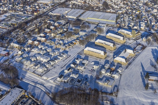 Aerial view, Belgian Quarter Soest, new construction of flats and terraced houses, former Belgian barracks BEM Adam, snow, winter, Jakobi, Soest, Soester Börde, North Rhine-Westphalia, Germany, Soester, Börde, DE, Europe, birds-eyes, view, aerial photography, aerial photography, aerial photography, overview, overview, bird's eye view, winter weather, winter onset, cold, residential neighbourhood, former, barracks, housing, flat, houses, residential buildings, housing estate, settlement