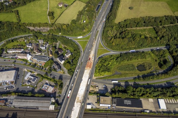 Aerial view, construction site on the Schwelmtal bridge of the A1 motorway junction Wuppertal-Langerfeld in the Loh district of Schwelm, Ruhr area, North Rhine-Westphalia, Germany, A1 motorway, construction work, construction, construction area, construction site, construction project, construction site, DE, Europe, aerial view, aerial photography, aerial photography, renovation, refurbishment, Schwelm, overview, bird's-eye view, overview