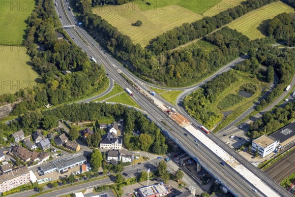 Aerial view, construction site on the Schwelmtal bridge of the A1 motorway junction Wuppertal-Langerfeld in the Loh district of Schwelm, Ruhr area, North Rhine-Westphalia, Germany, A1 motorway, construction work, construction, construction area, construction site, construction project, construction site, DE, Europe, aerial view, aerial photography, aerial photography, renovation, refurbishment, Schwelm, overview, bird's-eye view, overview