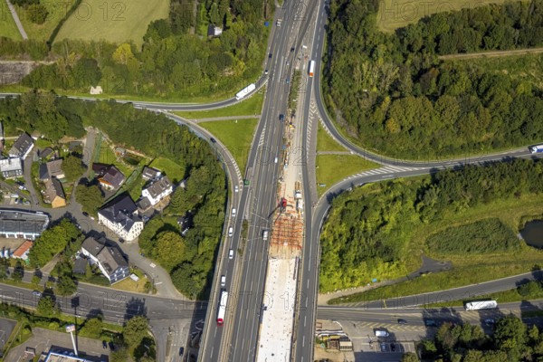 Aerial view, construction site on the Schwelmtal bridge of the A1 motorway junction Wuppertal-Langerfeld in the Loh district of Schwelm, Ruhr area, North Rhine-Westphalia, Germany, A1 motorway, construction work, construction, construction area, construction site, construction project, construction site, DE, Europe, aerial view, aerial photography, aerial photography, renovation, refurbishment, Schwelm, overview, bird's-eye view, overview