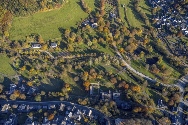 Aerial view, autumnal tree landscape in the spa gardens in Schmallenberg, Sauerland, North Rhine-Westphalia, Germany, DE, Europe, aerial view, aerial photography, aerial photography, park, Schmallenberg, overview, bird's-eye view, overview
