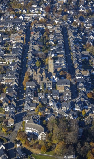 Aerial view, residential area between Oststraße and Weststraße with the catholic St.Alexander Church in Schmallenberg, Sauerland, North Rhine-Westphalia, Germany, place of worship, DE, Europe, religious community, place of worship, property tax, holy place, real estate, church, parish, denomination, aerial view, aerial photography, aerial photography, religion, religious site, Schmallenberg, overview, bird's eye view, residential area, living and life, residential area, residential buildings, residential quality, residential neighbourhood, housing estate, birds-eyes view, overview