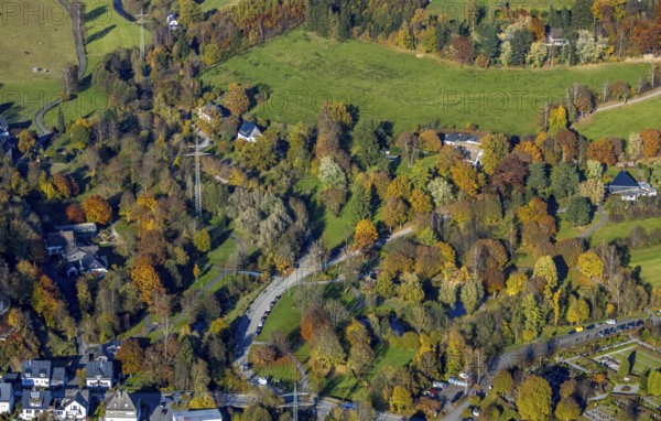 Aerial view, autumnal tree landscape in the spa gardens in Schmallenberg, Sauerland, North Rhine-Westphalia, Germany, DE, Europe, aerial view, aerial photography, aerial photography, park, Schmallenberg, overview, bird's-eye view, overview