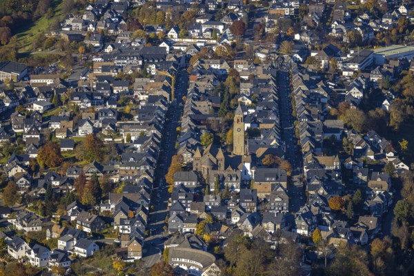 Aerial view, residential area between Oststraße and Weststraße with the catholic St.Alexander Church in Schmallenberg, Sauerland, North Rhine-Westphalia, Germany, place of worship, DE, Europe, religious community, place of worship, property tax, holy place, real estate, church, parish, denomination, aerial view, aerial photography, aerial photography, religion, religious site, Schmallenberg, overview, bird's eye view, residential area, living and life, residential area, residential buildings, residential quality, residential neighbourhood, housing estate, birds-eyes view, overview