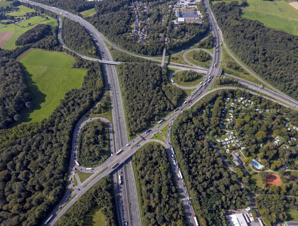 Aerial view, motorway junction Wuppertal-Nord with A1 and A43 and A46 in the district Halloh in Sprockhövel, city border to Wuppertal and Schwelm, Ruhr area, North Rhine-Westphalia, Germany, motorway A1, motorway A43, motorway A46, motorway junction, DE, Europe, aerial view, aerial photography, aerial photography, Sprockhövel, overview, bird's-eye view, bird's-eye view, overview