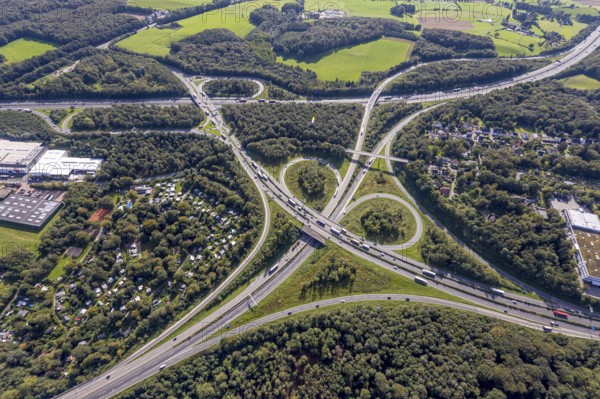 Aerial view, motorway junction Wuppertal-Nord with A1 and A43 and A46 in the district Halloh in Sprockhövel, city border to Wuppertal and Schwelm, Ruhr area, North Rhine-Westphalia, Germany, motorway A1, motorway A43, motorway A46, motorway junction, DE, Europe, aerial view, aerial photography, aerial photography, Sprockhövel, overview, bird's-eye view, bird's-eye view, overview