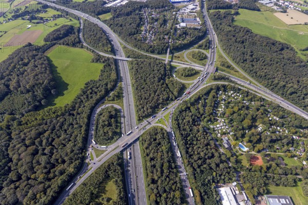 Aerial view, motorway junction Wuppertal-Nord with A1 and A43 and A46 in the district Halloh in Sprockhövel, city border to Wuppertal and Schwelm, Ruhr area, North Rhine-Westphalia, Germany, motorway A1, motorway A43, motorway A46, motorway junction, DE, Europe, aerial view, aerial photography, aerial photography, Sprockhövel, overview, bird's-eye view, bird's-eye view, overview