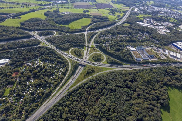 Aerial view, motorway junction Wuppertal-Nord with A1 and A43 and A46 in the district Halloh in Sprockhövel, city border to Wuppertal and Schwelm, Ruhr area, North Rhine-Westphalia, Germany, motorway A1, motorway A43, motorway A46, motorway junction, DE, Europe, aerial view, aerial photography, aerial photography, Sprockhövel, overview, bird's-eye view, bird's-eye view, overview