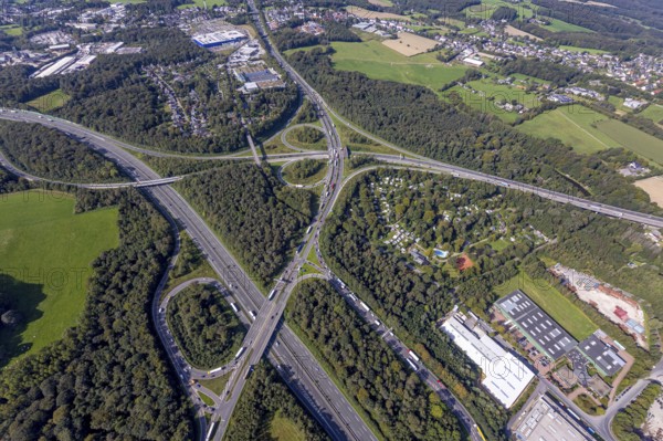 Aerial view, motorway junction Wuppertal-Nord with A1 and A43 and A46 in the district Halloh in Sprockhövel, city border to Wuppertal and Schwelm, Ruhr area, North Rhine-Westphalia, Germany, motorway A1, motorway A43, motorway A46, motorway junction, DE, Europe, aerial view, aerial photography, aerial photography, Sprockhövel, overview, bird's-eye view, bird's-eye view, overview