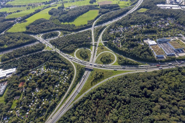 Aerial view, motorway junction Wuppertal-Nord with A1 and A43 and A46 in the district Halloh in Sprockhövel, city border to Wuppertal and Schwelm, Ruhr area, North Rhine-Westphalia, Germany, motorway A1, motorway A43, motorway A46, motorway junction, DE, Europe, aerial view, aerial photography, aerial photography, Sprockhövel, overview, bird's-eye view, bird's-eye view, overview