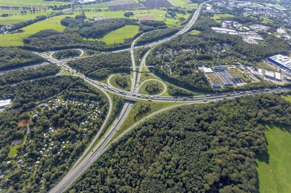 Aerial view, motorway junction Wuppertal-Nord with A1 and A43 and A46 in the district Halloh in Sprockhövel, city border to Wuppertal and Schwelm, Ruhr area, North Rhine-Westphalia, Germany, motorway A1, motorway A43, motorway A46, motorway junction, DE, Europe, aerial view, aerial photography, aerial photography, Sprockhövel, overview, bird's-eye view, bird's-eye view, overview