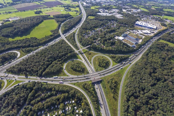 Aerial view, motorway junction Wuppertal-Nord with A1 and A43 and A46 in the district Halloh in Sprockhövel, city border to Wuppertal and Schwelm, Ruhr area, North Rhine-Westphalia, Germany, motorway A1, motorway A43, motorway A46, motorway junction, DE, Europe, aerial view, aerial photography, aerial photography, Sprockhövel, overview, bird's-eye view, bird's-eye view, overview