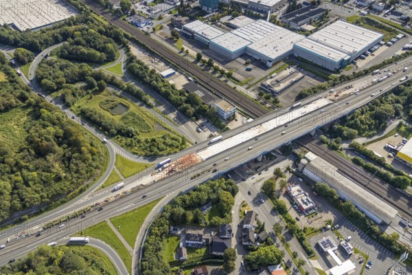 Aerial view, construction site on the Schwelmtal bridge of the A1 motorway junction Wuppertal-Langerfeld in the Loh district of Schwelm, Ruhr area, North Rhine-Westphalia, Germany, A1 motorway, construction work, construction, construction area, construction site, construction project, construction site, DE, Europe, aerial view, aerial photography, aerial photography, renovation, refurbishment, Schwelm, overview, bird's-eye view, overview