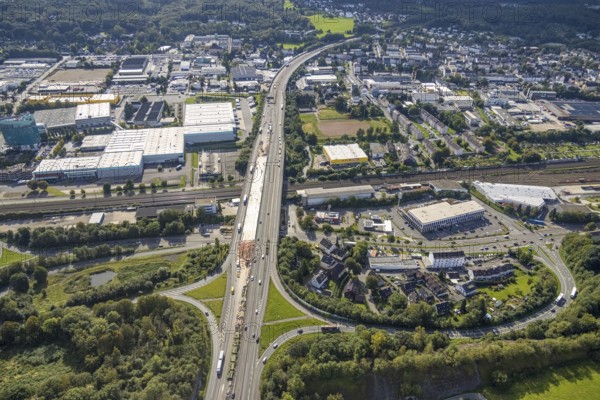 Aerial view, construction site on the Schwelmtal bridge of the A1 motorway junction Wuppertal-Langerfeld in the Loh district of Schwelm, Ruhr area, North Rhine-Westphalia, Germany, A1 motorway, construction work, construction, construction area, construction site, construction project, construction site, DE, Europe, aerial view, aerial photography, aerial photography, renovation, refurbishment, Schwelm, overview, bird's-eye view, overview