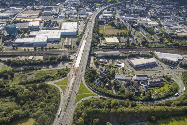 Aerial view, construction site on the Schwelmtal bridge of the A1 motorway junction Wuppertal-Langerfeld in the Loh district of Schwelm, Ruhr area, North Rhine-Westphalia, Germany, A1 motorway, construction work, construction, construction area, construction site, construction project, construction site, DE, Europe, aerial view, aerial photography, aerial photography, renovation, refurbishment, Schwelm, overview, bird's-eye view, overview