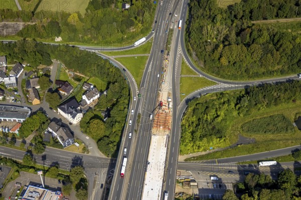 Aerial view, construction site on the Schwelmtal bridge of the A1 motorway junction Wuppertal-Langerfeld in the Loh district of Schwelm, Ruhr area, North Rhine-Westphalia, Germany, A1 motorway, construction work, construction, construction area, construction site, construction project, construction site, DE, Europe, aerial view, aerial photography, aerial photography, renovation, refurbishment, Schwelm, overview, bird's-eye view, overview