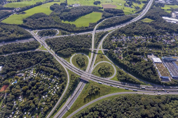 Aerial view, motorway junction Wuppertal-Nord with A1 and A43 and A46 in the district Halloh in Sprockhövel, city border to Wuppertal and Schwelm, Ruhr area, North Rhine-Westphalia, Germany, motorway A1, motorway A43, motorway A46, motorway junction, DE, Europe, aerial view, aerial photography, aerial photography, Sprockhövel, overview, bird's-eye view, bird's-eye view, overview