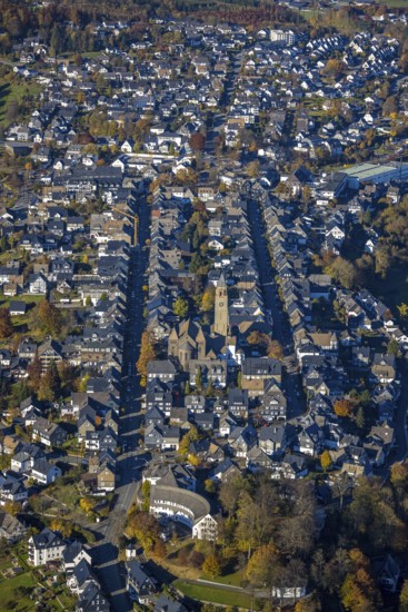 Aerial view, residential area between Oststraße and Weststraße with the catholic St.Alexander Church in Schmallenberg, Sauerland, North Rhine-Westphalia, Germany, place of worship, DE, Europe, religious community, place of worship, property tax, holy place, real estate, church, parish, denomination, aerial view, aerial photography, aerial photography, religion, religious site, Schmallenberg, overview, bird's eye view, residential area, living and life, residential area, residential buildings, residential quality, residential neighbourhood, housing estate, birds-eyes view, overview
