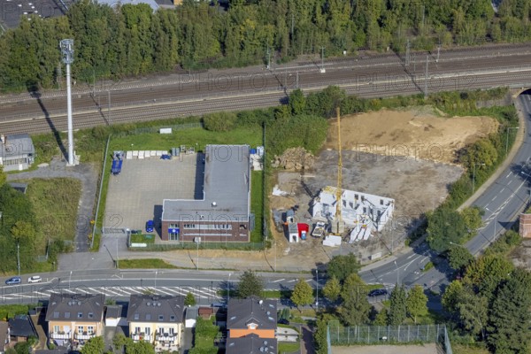 Aerial view, construction site Red Cross Am Ochsenkamp next to the Technical Relief Organisation Schwelm in Schwelm, Ruhr area, North Rhine-Westphalia, Germany, construction work, construction area, building site, building plots, construction project, construction site, DE, Europe, aerial view, aerial photography, aerial photography, new building, Schwelm, overview, bird's-eye view, overview