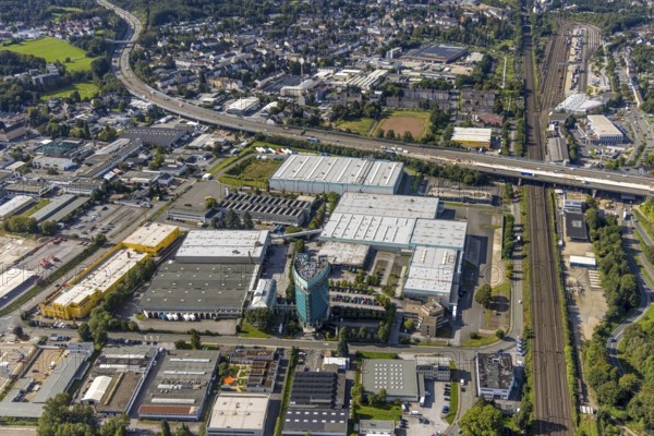 Aerial view, Einkaufsbüro Deutscher Eisenhändler EDE office tower and commercial area Dieselstraße in the district Fleute in Wuppertal, Ruhr area, North Rhine-Westphalia, Germany, DE, Europe, commercial enterprises, commercial area, commercial park, commercial location, commercial use, industrial area, industrial building, industrial location, aerial view, aerial photography, aerial photography, overview, bird's eye view, Wuppertal, birds-eyes view, overview