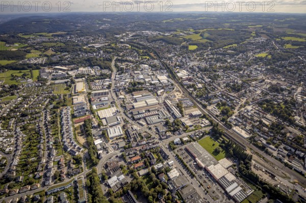 Aerial view, commercial area at Talstraße in the district Loh in Schwelm, Ruhr area, North Rhine-Westphalia, Germany, DE, Europe, commercial enterprises, commercial area, commercial area, commercial location, commercial use, industrial area, industrial location, aerial photograph, aerial photography, aerial photography, Schwelm, overview, bird's-eye view, birds-eyes view, overview