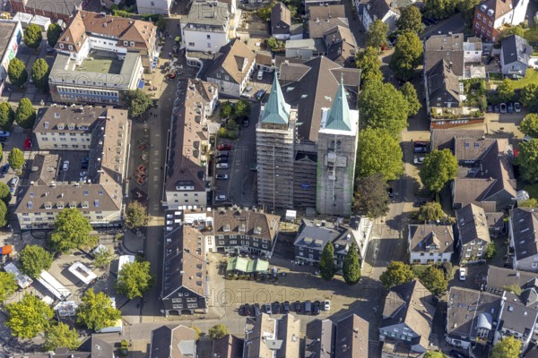 Aerial view, church tower renovation of the evang. Christuskirche in Schwelm, Ruhr area, North Rhine-Westphalia, Germany, place of worship, construction work, construction area, construction site, construction measure, construction project, construction site, DE, Europe, religious community, place of worship, holy place, church, parish, church towers, denomination, aerial view, aerial photography, aerial photography, religion, religious site, renovation, redevelopment, Schwelm, tower, overview, cladding, bird's-eye view, overview